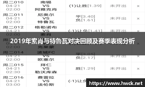 2019年索肖与特鲁瓦对决回顾及赛季表现分析